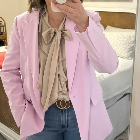 VINTAGE BERIN satin blouse top button front ruffle layers neck ties taupe large - Picture 6 of 13